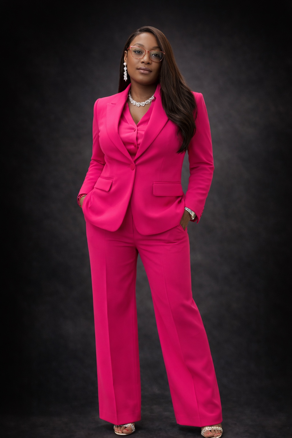 Jacqueline standing in black suit