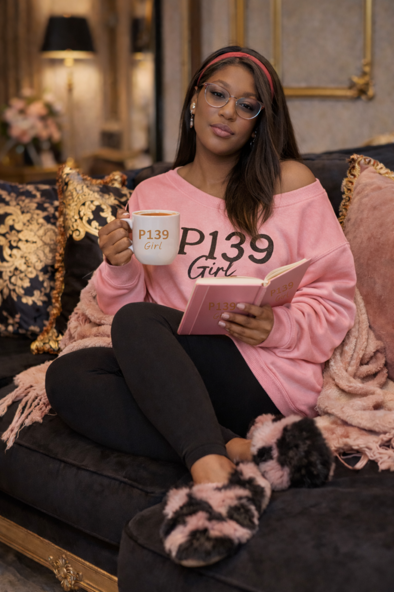 Jacqueline reading with P139 Girl mug and journal